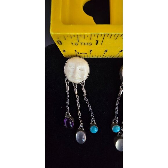 Carved Moon Face Sajen Dangle 925 Earrings Amethyst Turquoise & Moonstone - Picture 12 of 15